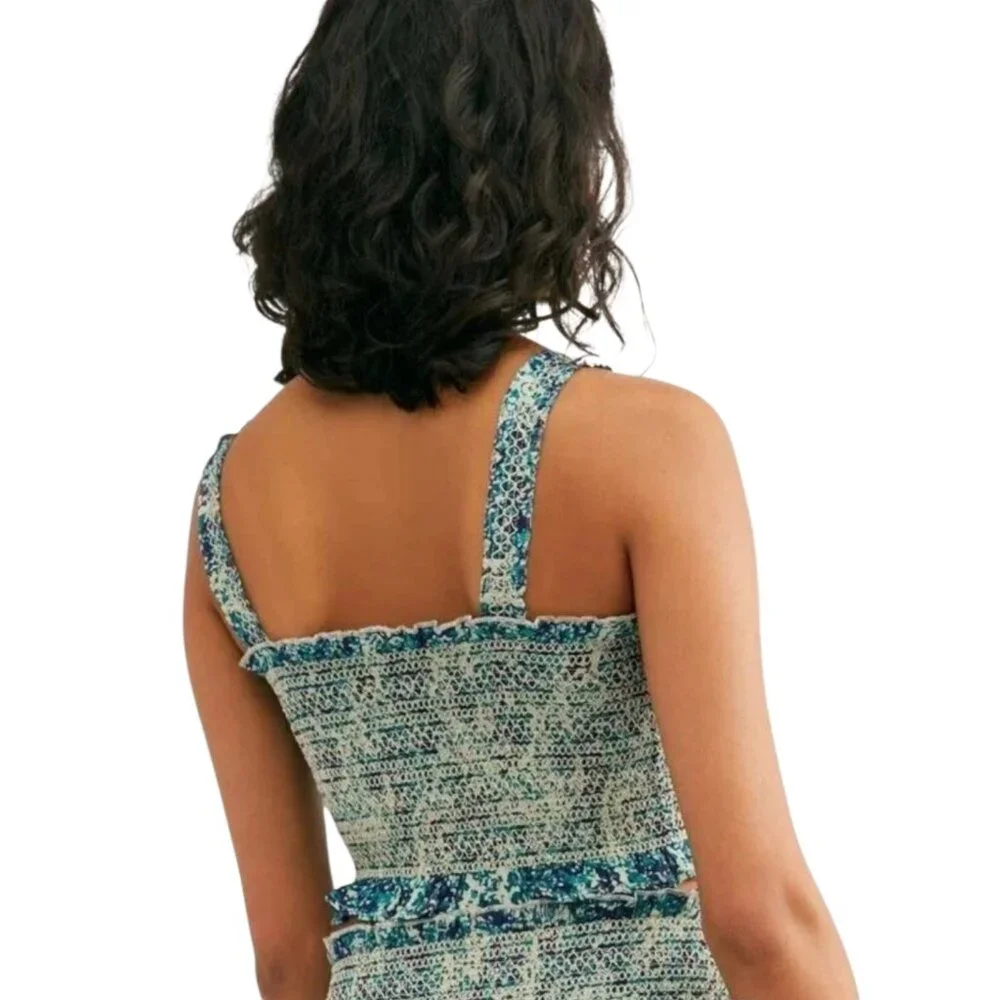 Free People Thalia Ruched Crop Top Sleeveless Square Neck Blue Purple Print - L
